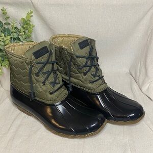 Sperry Women's Saltwater Chevron Quilted Duck Wet Rain Boots Size 12 Olive